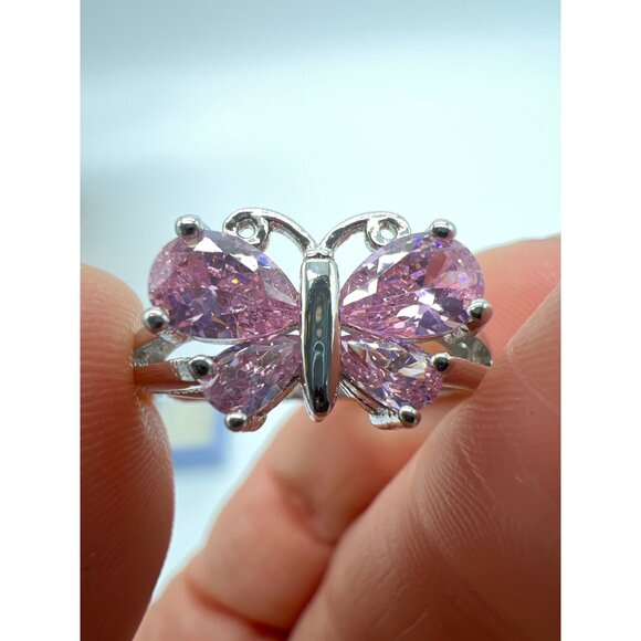 Sparkling Pink Butterfly Cubic Zirconia Ring Size 8 Sterling Silver - Picture 2 of 7